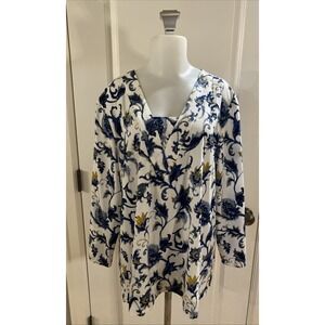 Chico's Blue White Size‎ 3 Pullover Shirt Top Boho Cottage Gold